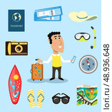 Vacation or business traveler character set with suitcase passport airplane tickets vector illustration. Стоковая иллюстрация, агентство Ingram Publishing / Фотобанк Лори