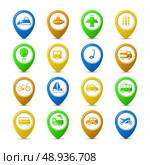 Transportation vehicles navigation pins set of passenger train tram taxi isolated vector illustration. Стоковая иллюстрация, агентство Ingram Publishing / Фотобанк Лори