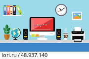 Office workstation with personal computer speakers paper folders printer flat design vector illustration. Стоковая иллюстрация, агентство Ingram Publishing / Фотобанк Лори