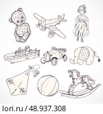 Vintage kids toys sketch icons set of teddy bear doll airplane car elephant isolated vector illustration. Стоковая иллюстрация, агентство Ingram Publishing / Фотобанк Лори