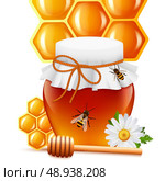 Sweet natural bee honey in glass jar with dipper daisy and honeycomb background print vector illustration. Стоковая иллюстрация, агентство Ingram Publishing / Фотобанк Лори