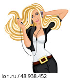 Beautiful sexy slim blond longhaired dancing girl with headphones moving head to the music beat vector illustration. Стоковая иллюстрация, агентство Ingram Publishing / Фотобанк Лори