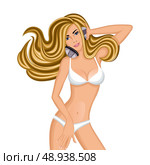 Sexy slim longhaired girl in white bikini with headphones print poster isolated vector illustration. Стоковая иллюстрация, агентство Ingram Publishing / Фотобанк Лори