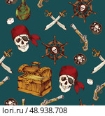 Hand drawn colored pirates seamless pattern with dices skull saber vector illustration. Стоковая иллюстрация, агентство Ingram Publishing / Фотобанк Лори