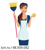Young beautiful cleaning lady professional standing in apron with broom and dustcloth in hands isolated vector illustration. Стоковая иллюстрация, агентство Ingram Publishing / Фотобанк Лори