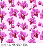Decorative festive elegant rich orchid blossoms wrapping paper seamless sateen pattern design print vector illustration. Стоковая иллюстрация, агентство Ingram Publishing / Фотобанк Лори