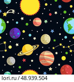 Space seamless pattern with planets stars comets and constellations on dark background vector illustration. Стоковая иллюстрация, агентство Ingram Publishing / Фотобанк Лори