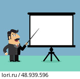 Business life shareholder boss makes a presentation pointing on blank flipchart scene vector illustration. Стоковая иллюстрация, агентство Ingram Publishing / Фотобанк Лори
