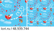 Seamless pattern. Teddy bear aviators in love. Pilots by the red planes draws hearts in the sky. Funny cartoon. Стоковая иллюстрация, агентство Ingram Publishing / Фотобанк Лори