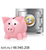 Piggy bank money box with metal steel secured safe poster vector illustration. Стоковая иллюстрация, агентство Ingram Publishing / Фотобанк Лори