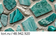A breathtaking arrangement showcases the unique patterns and vibrant hues of amazonite mineral stone, creating an artistic blend of natures treasures on textured surfaces Generative AI. Стоковое AI-изображение, AI-художник Юлия Петровская / Фотобанк Лори