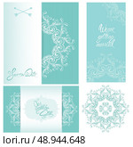 Set of Wedding invitation cards with floral elements, calligraphic handwritten text, background stripped patterns in blue colors. Стоковая иллюстрация, агентство Ingram Publishing / Фотобанк Лори