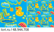 seamless pattern with rubber duck and boots, clouds, umbrella and puddle - autumn design for kids. Стоковая иллюстрация, агентство Ingram Publishing / Фотобанк Лори