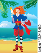 Pirate girl on beautiful tropical beach. Стоковая иллюстрация, агентство Ingram Publishing / Фотобанк Лори