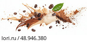 An artful display of roasted coffee beans with a dynamic splash of coffee powder. The composition embodies motion and energy, captivating coffee lovers with its aromatic appeal. Стоковое AI-изображение, AI-художник Nart / Фотобанк Лори