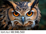 The eagle owl's face is a blend of bold orange eyes and feathery tufts, creating a striking visual. Its deep black pupils and intense gaze make this bird a captivating symbol of the wild. Стоковое AI-изображение, AI-художник Nart / Фотобанк Лори