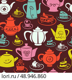 Coffee and tea seamless pattern. Set of sweet cakes and teapots icons. Стоковая иллюстрация, агентство Ingram Publishing / Фотобанк Лори