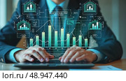 A person in a business suit working on a laptop with virtual icons related to data analysis, showcasing bar charts and diagrams stock market trends and financial activity. Стоковое AI-видео, аниматор Sergey Grishin / Фотобанк Лори