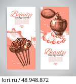 Set of beauty sketch banners. Vintage hand drawn vector illustration of cosmetic accessories. Стоковая иллюстрация, агентство Ingram Publishing / Фотобанк Лори