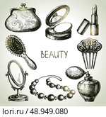 Beauty sketch icon set. Vintage hand drawn vector illustrations of cosmetics . Стоковая иллюстрация, агентство Ingram Publishing / Фотобанк Лори