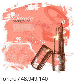 Beauty sketch background. Vintage hand drawn vector illustration of cosmetic accessories. Стоковая иллюстрация, агентство Ingram Publishing / Фотобанк Лори