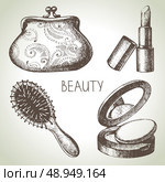 Beauty sketch icon set. Vintage hand drawn vector illustrations of cosmetics . Стоковая иллюстрация, агентство Ingram Publishing / Фотобанк Лори