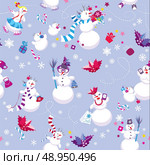Seamless pattern for New Year or Christmas holiday design. Winter background with cute snowmen. Стоковая иллюстрация, агентство Ingram Publishing / Фотобанк Лори