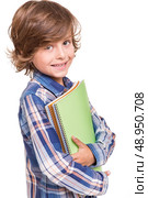 Little boy holding school books over white. Стоковое фото, агентство Ingram Publishing / Фотобанк Лори