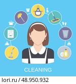 Cleaning household service maid icons composition with dish detergent vacuum cleaner abstract solid isolated vector illustration. Стоковая иллюстрация, агентство Ingram Publishing / Фотобанк Лори
