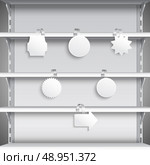 White advertising sale wobblers hanging on supermarket shelves vector illustration. Стоковая иллюстрация, агентство Ingram Publishing / Фотобанк Лори