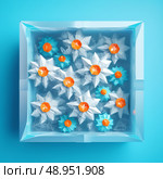Matricaria chamomilla - Chamomile tribe mayweed on the surface blue fresh. Стоковое AI-изображение, AI-художник Александра Рублева / Фотобанк Лори