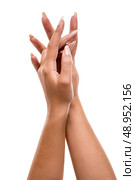 Beautiful woman posing hands over white background. Стоковое фото, агентство Ingram Publishing / Фотобанк Лори