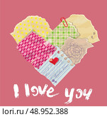 Scrapbooking Heart is made of Vintage Old Paper pieces and grunge handwritten text I love you. St Valentine’s day design. Стоковая иллюстрация, агентство Ingram Publishing / Фотобанк Лори