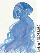 Детский акварельный рисунок. Голубая медуза. Children's watercolor drawing. Blue jellyfish. Стоковое фото, фотограф Александр Рыбалка / Фотобанк Лори