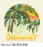 Summer holiday card with palm trees and flip flops, vector. Стоковая иллюстрация, агентство Ingram Publishing / Фотобанк Лори