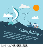 Fishing poster with boat and fishermen catching swordfish vector illustration. Стоковая иллюстрация, агентство Ingram Publishing / Фотобанк Лори