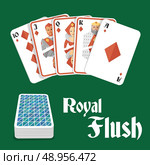 Casino poker gambling diamond royal flush hand and card pile composition vector illustration. Стоковая иллюстрация, агентство Ingram Publishing / Фотобанк Лори