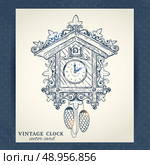 Old vintage retro sketch cuckoo clock paper postcard vector illustration. Стоковая иллюстрация, агентство Ingram Publishing / Фотобанк Лори