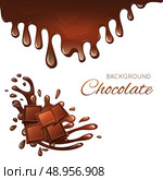Sweets dessert chocolate bar pieces and splash drips background vector illustration. Стоковая иллюстрация, агентство Ingram Publishing / Фотобанк Лори