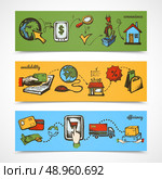 Internet shopping convenience availability efficiency sketch horizontal banner set isolated vector illustration. Стоковая иллюстрация, агентство Ingram Publishing / Фотобанк Лори