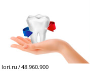 White tooth surrounded by beams. Taking care of teeth concept. Vector. . Стоковая иллюстрация, агентство Ingram Publishing / Фотобанк Лори