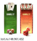 Casino gamble it vertical banners set with cards chips slot machine dice isolated vector illustration. Стоковая иллюстрация, агентство Ingram Publishing / Фотобанк Лори