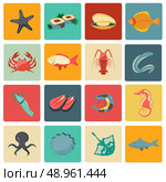 Seafood icons flat set with seahorse eel stingray sushi isolated vector illustration. Стоковая иллюстрация, агентство Ingram Publishing / Фотобанк Лори