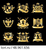 Heraldic royal art symbols decorative emblems golden set with griffin swords and ribbons isolated vector illustration. Стоковая иллюстрация, агентство Ingram Publishing / Фотобанк Лори