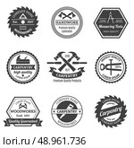 Carpentry woodworks handwork premium high quality measuring tools emblems set isolated vector illustration. Стоковая иллюстрация, агентство Ingram Publishing / Фотобанк Лори