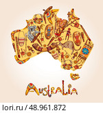 Australia native aboriginal tribal ethnic colored sketch symbols in australian continent shape vector illustration. Стоковая иллюстрация, агентство Ingram Publishing / Фотобанк Лори
