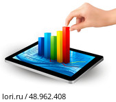 Tablet screen with graph and a hand. Vector. . Стоковая иллюстрация, агентство Ingram Publishing / Фотобанк Лори
