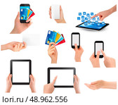 Set of hands holding different business objects. Vector illustration. Стоковая иллюстрация, агентство Ingram Publishing / Фотобанк Лори