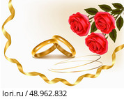 Two wedding rings and roses bouquet. Vector illustration. . Стоковая иллюстрация, агентство Ingram Publishing / Фотобанк Лори