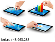 Set of tablet screen with graph and a hand. Vector. Стоковая иллюстрация, агентство Ingram Publishing / Фотобанк Лори